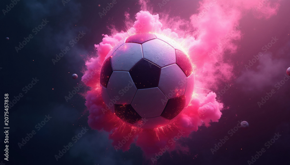 Naklejka premium Soccer ball floats in space surrounded by pink cosmic clouds and glowing particles. Exploding stars create fiery effect. Dark void background with distant planets.
