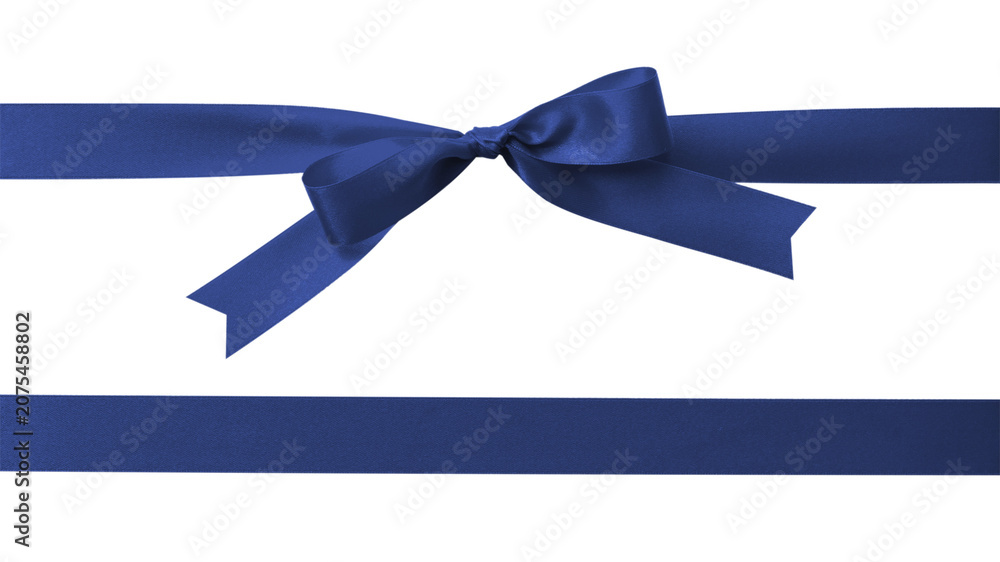 Fototapeta premium Dark blue bow ribbon band satin navy stripe fabric (PNG isolated on transparent background) for Christmas holiday gift box, greeting card banner, present wrap design decoration ornament