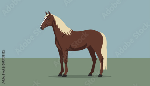 Side view of a beautiful brown horse with a white mane standing in a field against a muted colored background.