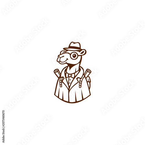 Camel adventurer wearing hat and backpack vector mascot logo