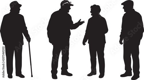 Active Senior Citizen Silhouette Collection with Elderly People Standing and Talking

Black silhouette collection featuring four active senior citizens in casual clothing. 