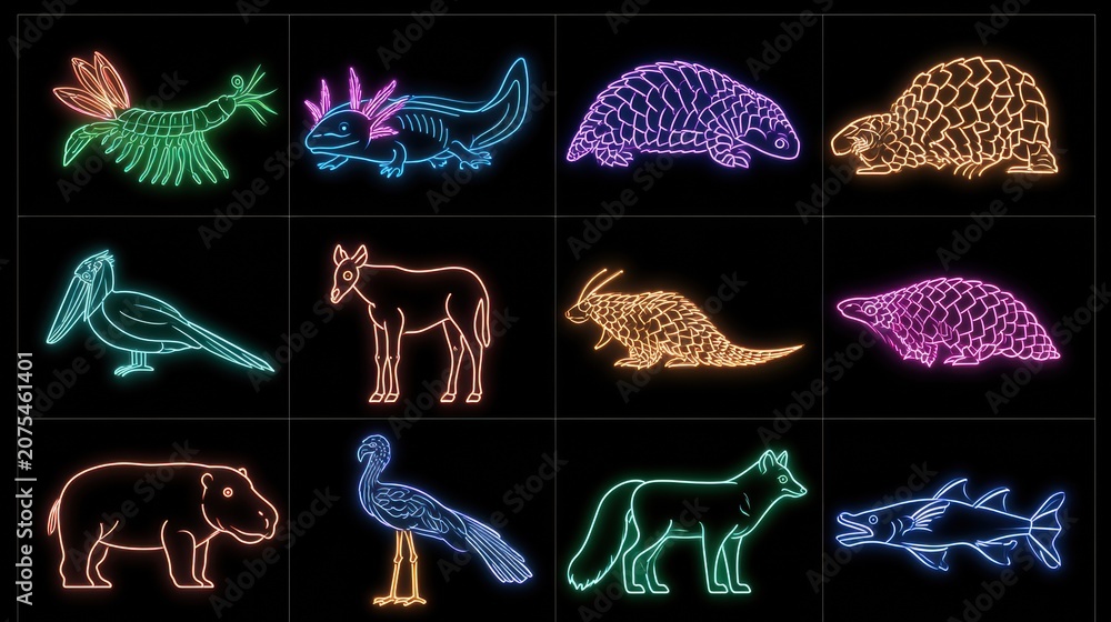 Fototapeta premium Set of neon outline art showcasing ten different animals on black tiles. Each design is lighted with vibrant colors in a creative format.
