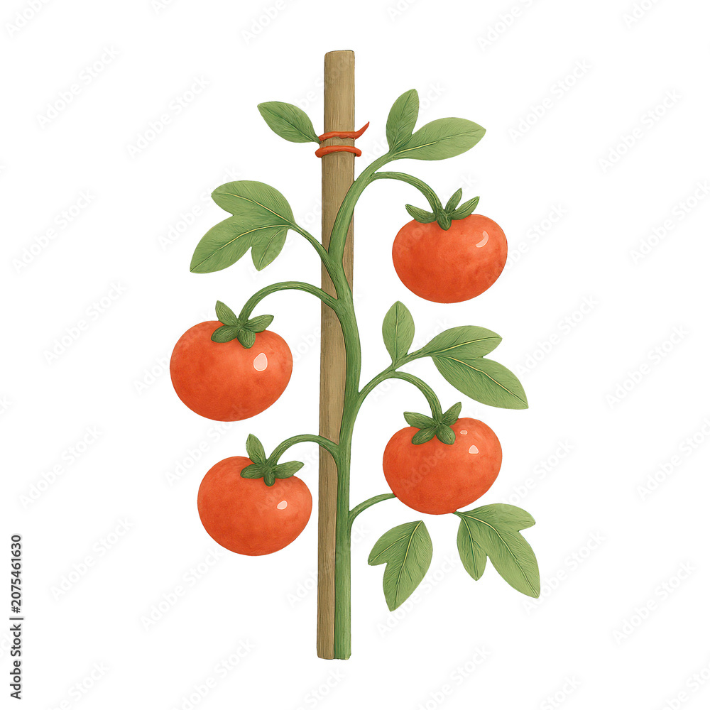 Fototapeta premium PNG Illustrated tomato plant with stake.