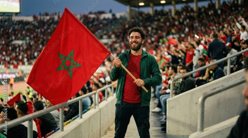 Obraz premium Moroccan football fan celebrating with national flag in stadium