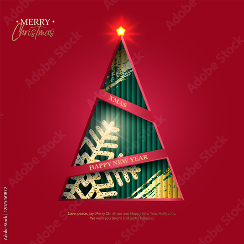 Christmas and New Year greeting card featuring a 3D paper Christmas tree created using a paper-cutting technique . Colorful background with visible paint strokes and a gold snowflake. Vector illustrat