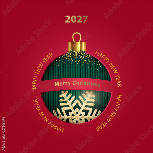 Design featuring paper appliqu and embossing techniques, depicting a green Christmas bauble on a red background with snowflake decoration. Merry Christmas and Happy New Year Vector illustration.