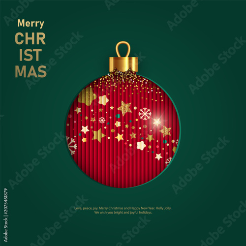 A design featuring paper appliqu and embossing techniques, depicting a red Christmas bauble on a green background, decorated with a ribbon of stars and snowflakes. Merry Christmas and Happy New Year 