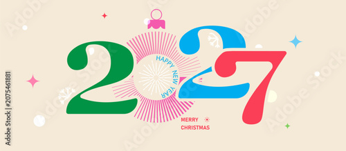 Horizontal banner for New Year and Christmas celebrations. Trendy abstract design. Vibrant numbers, colors, and gradients minimalist style. Vector illustration.