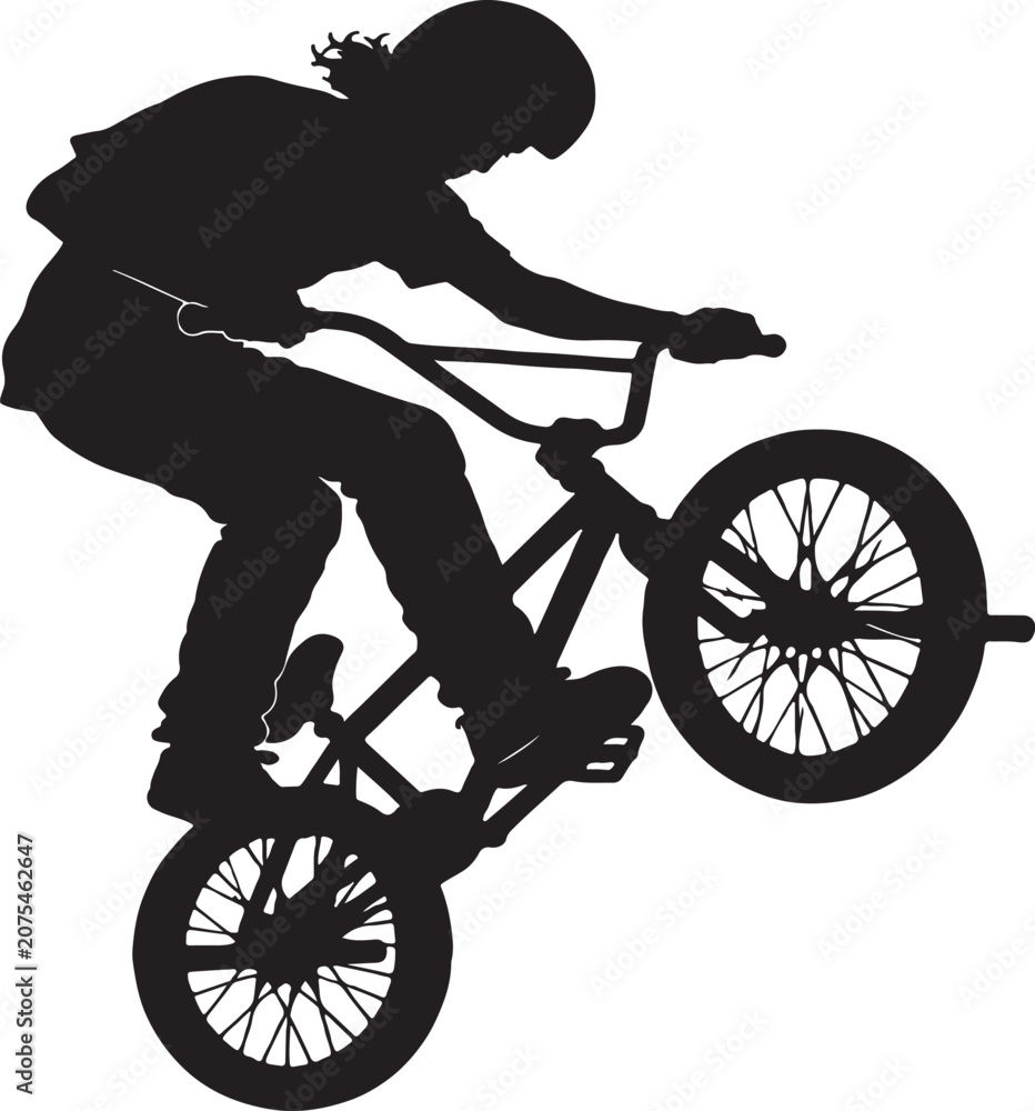 Naklejka premium BMX Bicycle Trick Pose Silhouette Vector Illustration Extreme BMX Rider Performing Stunt Silhouette Freestyle BMX Bike Jump Black Silhouette Design BMX Cyclist Mid-Air Trick Silhouette Isolated Action