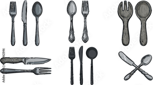 Quadro su tela Art & IllustratioVintage Cutlery Vector Collection Featuring Forks Knives Spoons