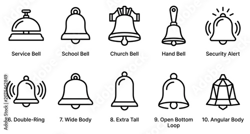 Bell Icon Set, Various Types of Bells, Line Art Illustration