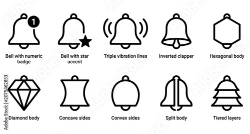 Bell Icon Set, Various Shapes and Styles, Line Art