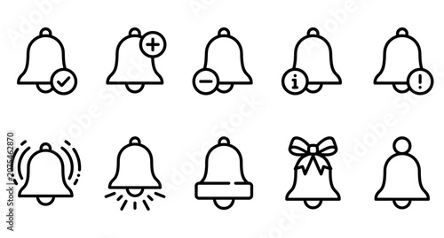 Bell icons set, line art illustration of notification bells