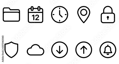 Line icons set of security, time, location and cloud storage