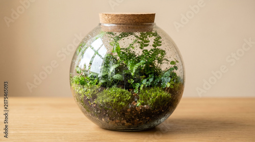 Small glass globe terrarium containing lush green moss and ferns with eco-friendly clean energy solutions concept
