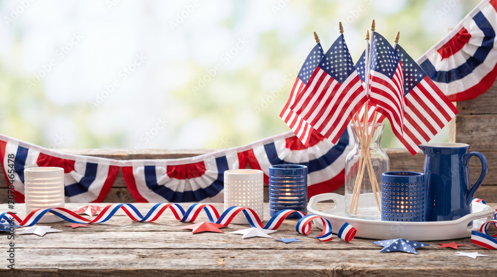 Obraz premium Patriotic 4th of July decoration setup on a wooden table outdoors with flags and ribbons
