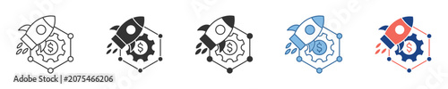 Innovative Project Launch and Development Concept Icons Featuring Rocket and Gear Symbols for Business Startup and Technology Solutions, representing progress and efficiency
