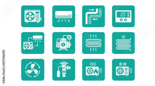 HVAC System Icons Set: Air Conditioner, Fan, Compressor, Heat Exchanger, Thermostat