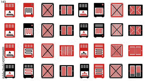 Collection of Heating Devices Icons: Radiators, Electric Heaters, and Fireplace Emulators