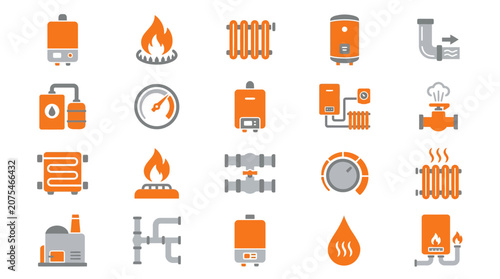 Heating System Icons: Boiler, Radiator, Gas Stove, Water Heater, Thermostat