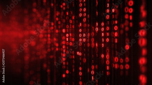 Red digital code flows in a dark abstract background with bokeh effects.