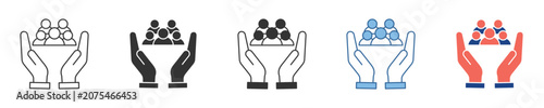 A collection of graphic icons showing hands cradling a group of people, symbolizing community support, collective protection, social care, and teamwork, suitable for business and social initiatives
