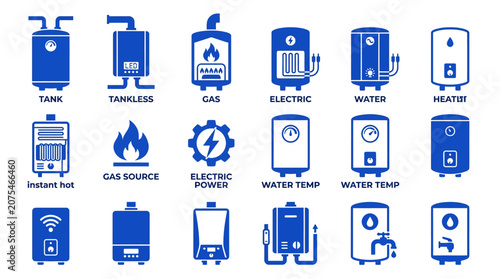 Water Heater Icons Set: Tank, Tankless, Gas, Electric, Instant Hot, Heating Systems