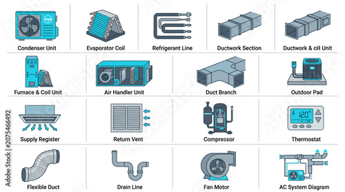 HVAC System Components Icons Set: Air Conditioning, Heating, Ventilation Equipment