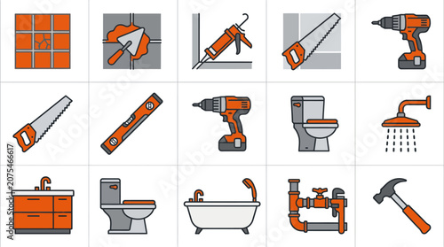 Home Renovation Icons: Tools, Bathroom Fixtures, Tiles, Plumbing