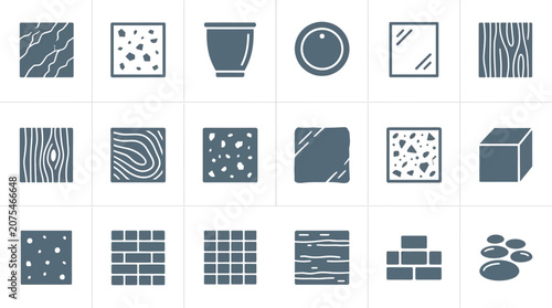 Collection of building materials icons: wood, stone, brick, glass, concrete, and cube