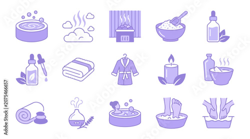 Spa Icons Set: Relaxation, Wellness, Beauty, Self-care, Aromatherapy, Massage, Bath