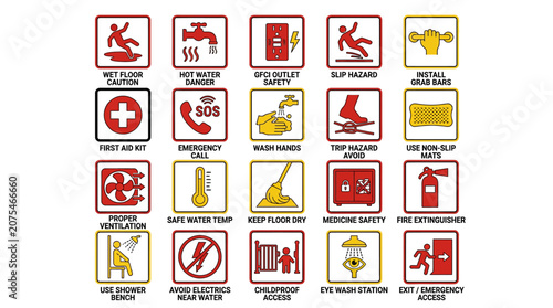Safety Signs and Symbols Collection: Wet Floor, First Aid, Fire Extinguisher, Electrical Safety