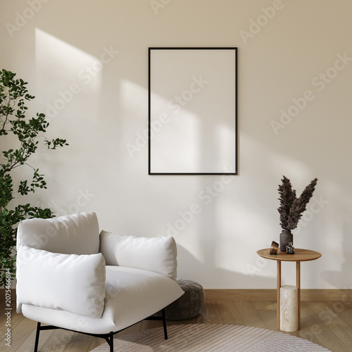 Blank poster frame mockup on beige living room wall with white lounge chair and sunlight, 3d render