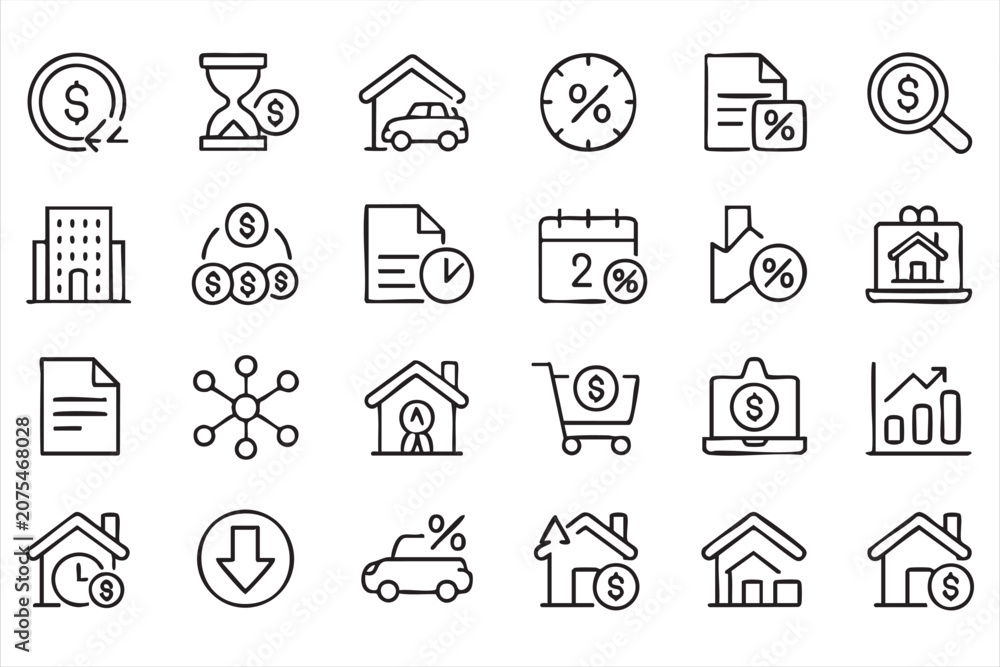 Fototapeta premium Modern Property Banking and Home Loan Line Icons for Financial Applications