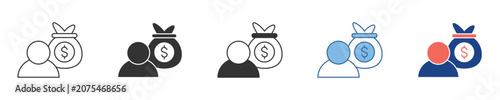 Set of icons representing personal finance, showing a person with a money bag, symbolizing income, wealth, earnings, and investment. Diverse graphic styles for financial concepts