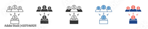 Icons representing collaborative financial support, group fundraising, and community investment for various projects and causes