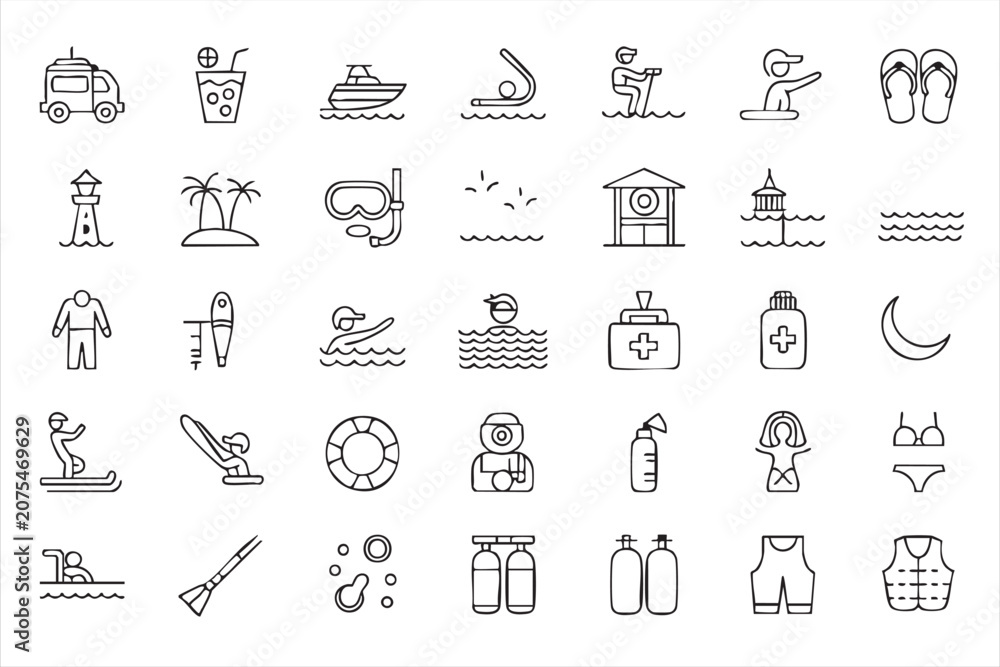 Fototapeta premium Resort Holiday Icon Collection with Lifeguard Swimwear Umbrella and Sunscreen