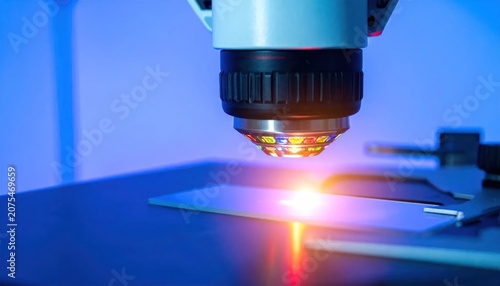 Close up of microscope lens focusing on laser light.