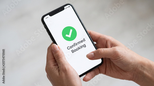 Hands holding a modern smartphone displaying a green checkmark icon for a successful confirmed booking