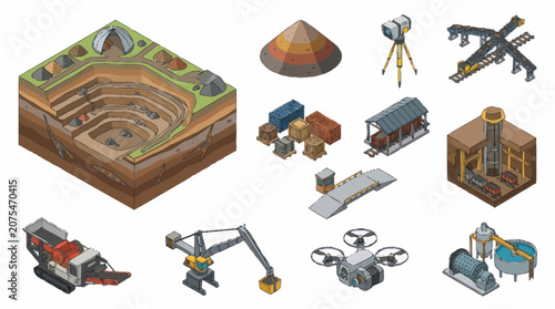 Schilderij op canvas Isometric Construction and Mining Equipment Set.