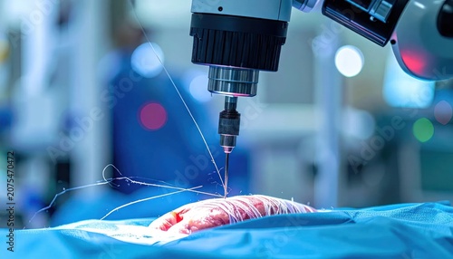 Close up of robotic arm stitching tissue in surgery.