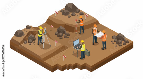 Isometric illustration of construction workers at a mining site.