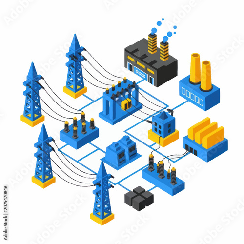 Isometric industrial power grid and factory network illustration.