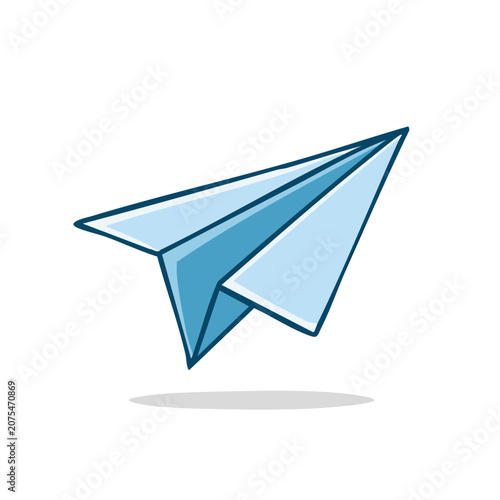 Simple blue paper airplane in flight with shadow underneath
