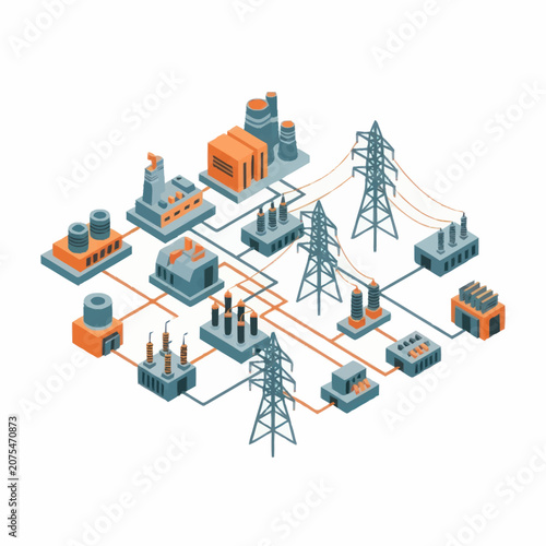 Isometric Industrial Power Plant and Electrical Grid Illustration.