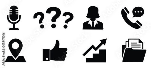 Customer Service and IT Help Desk Vector Icon Set: Support Agent and Technical Troubleshooting Solid Silhouette Symbols