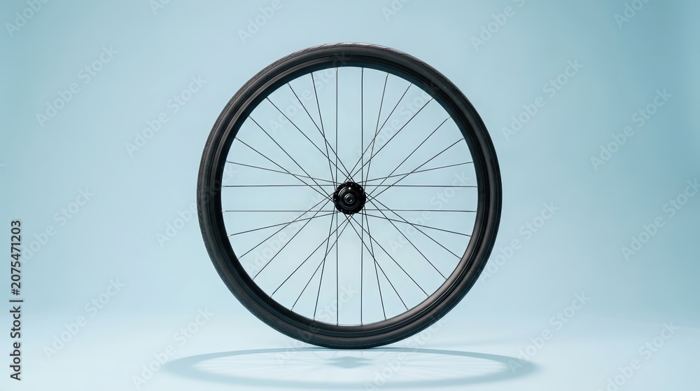 Fototapeta premium Bicycle wheel standing upright in minimalist studio setting