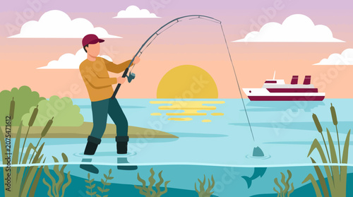Photography Man fishing in lake at sunset with a fishing rod and a cruise boat