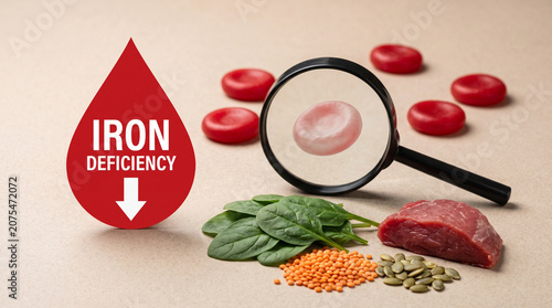Red blood drop symbol showing iron deficiency with healthy food sources and a magnifying glass