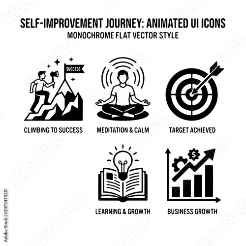 Collection of modern flat icons featuring business growth, meditation, target, books, and analytics for education and productivity concepts.